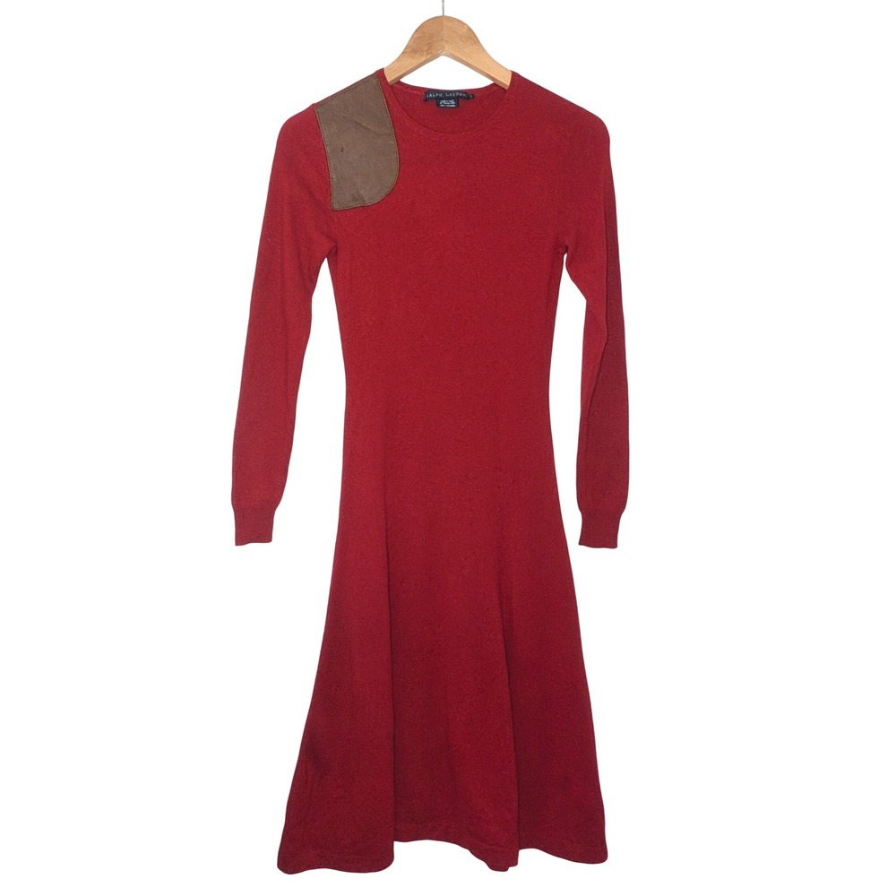Ralph Lauren Red 100% Cashmere Distressed   Leather Sweater Dress Small